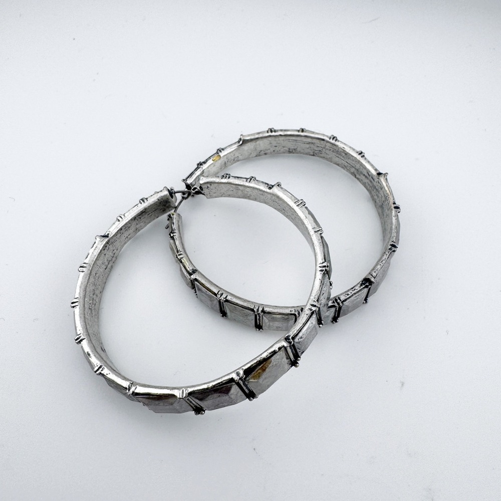 Vintage Heavy Silver Tone Hoop Earrings Textured Barbed Wire Design